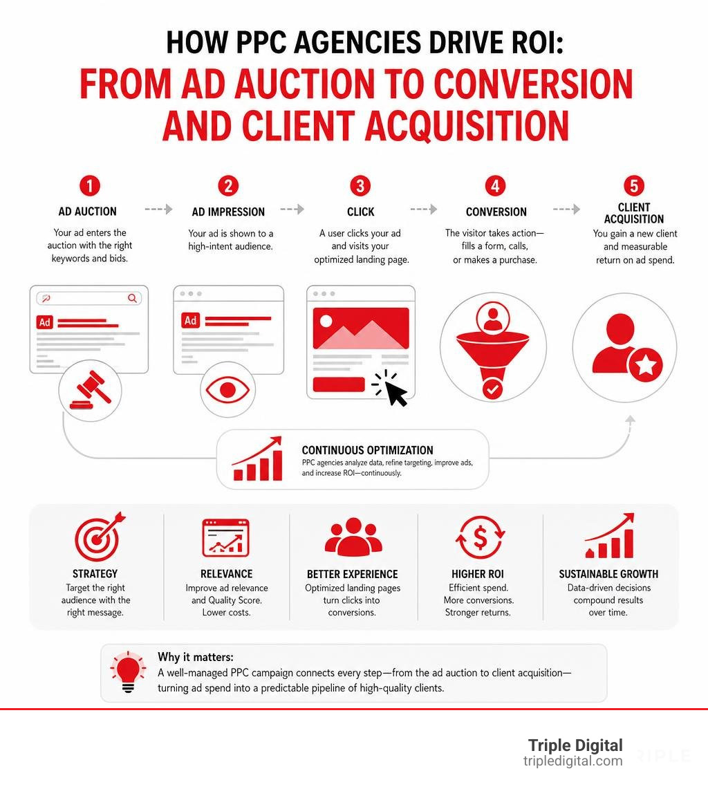 How PPC agencies drive ROI: from ad auction to conversion and client acquisition infographic