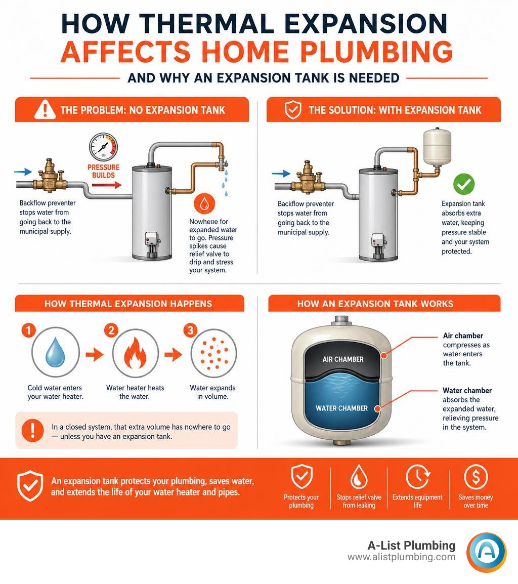 How thermal expansion affects home plumbing and why an expansion tank is needed infographic How thermal expansion affects home plumbing and why an expansion tank is needed infographic