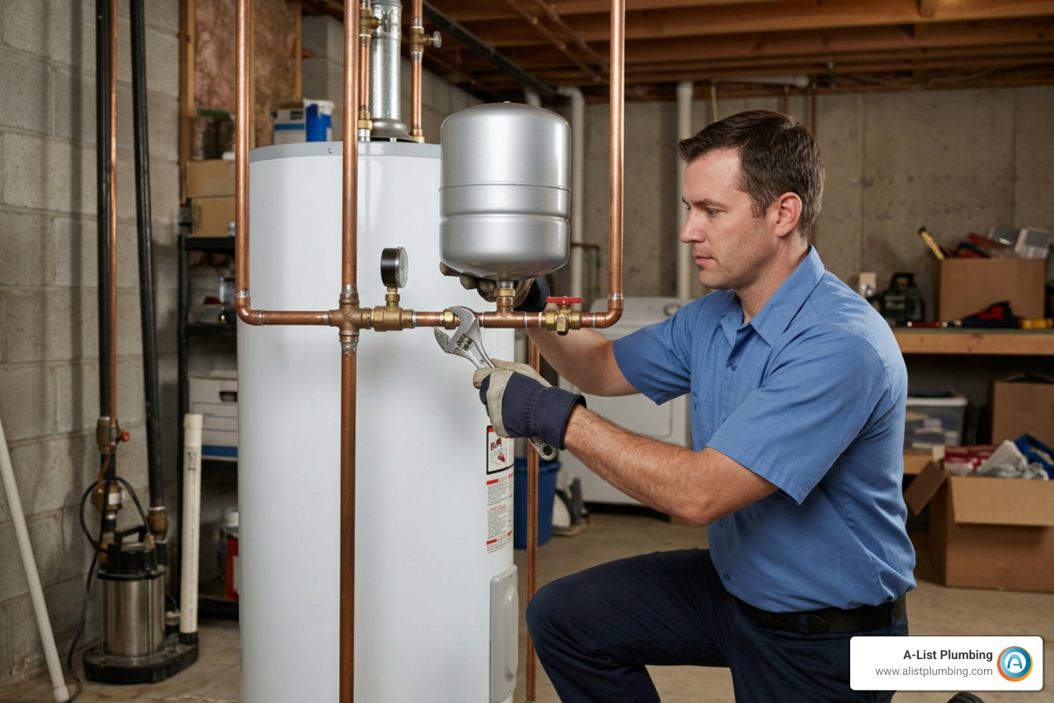 Professional plumber installing a thermal expansion tank on a water heater cold supply line Professional plumber installing a thermal expansion tank on a water heater cold supply line
