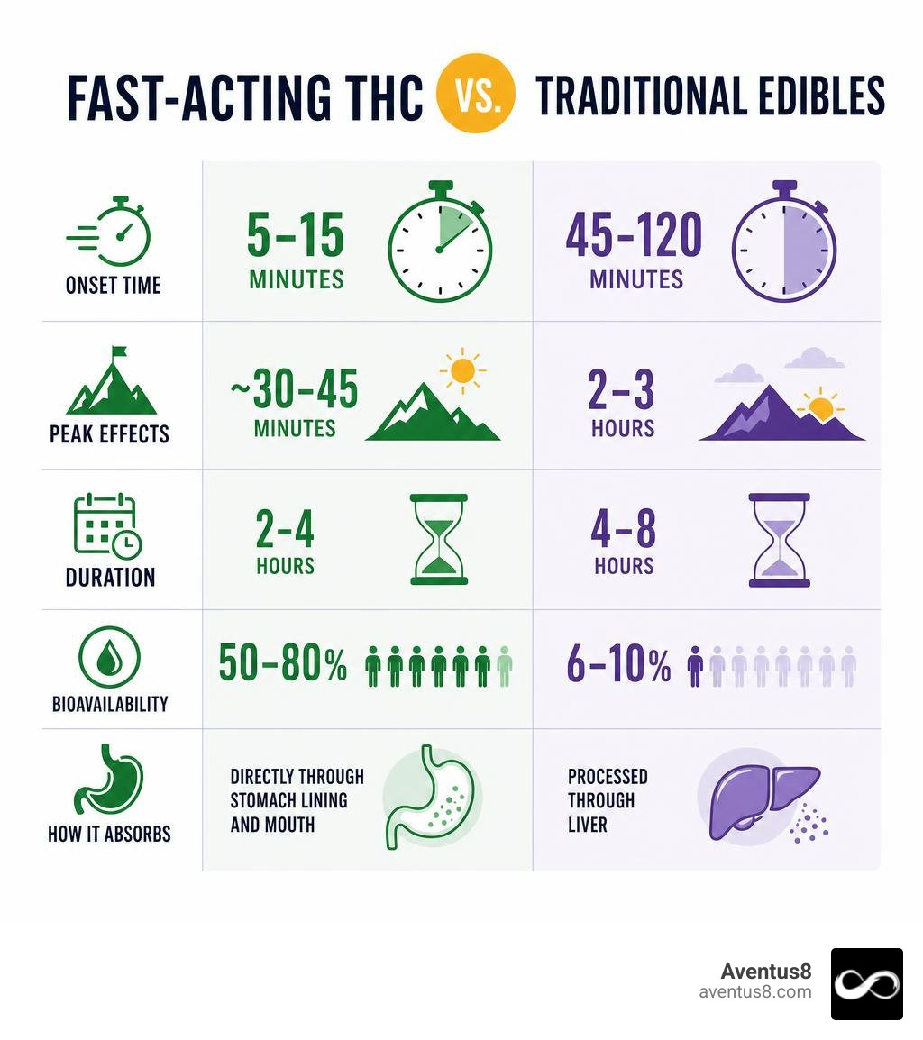 infographic comparing fast-acting THC vs traditional edibles onset time bioavailability and duration infographic