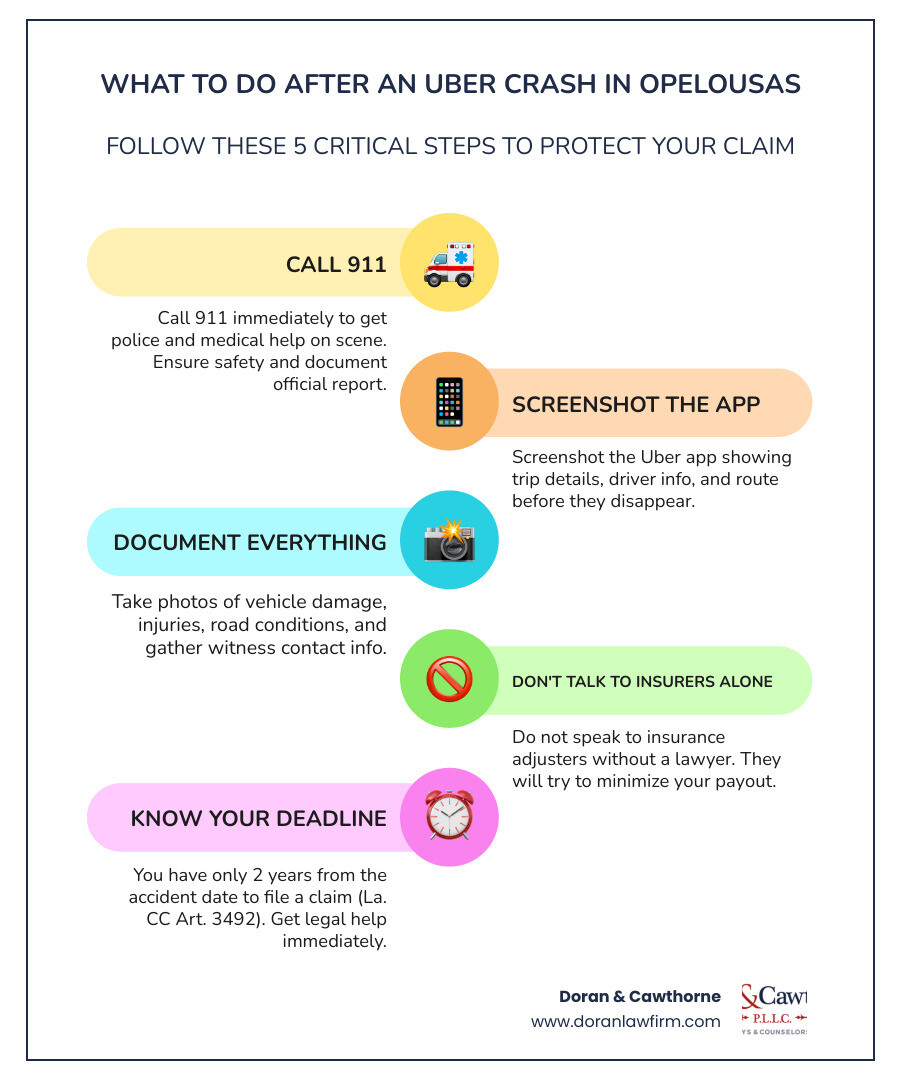 Infographic showing immediate steps to take after an Opelousas Uber rideshare accident infographic Infographic showing immediate steps to take after an Opelousas Uber rideshare accident infographic