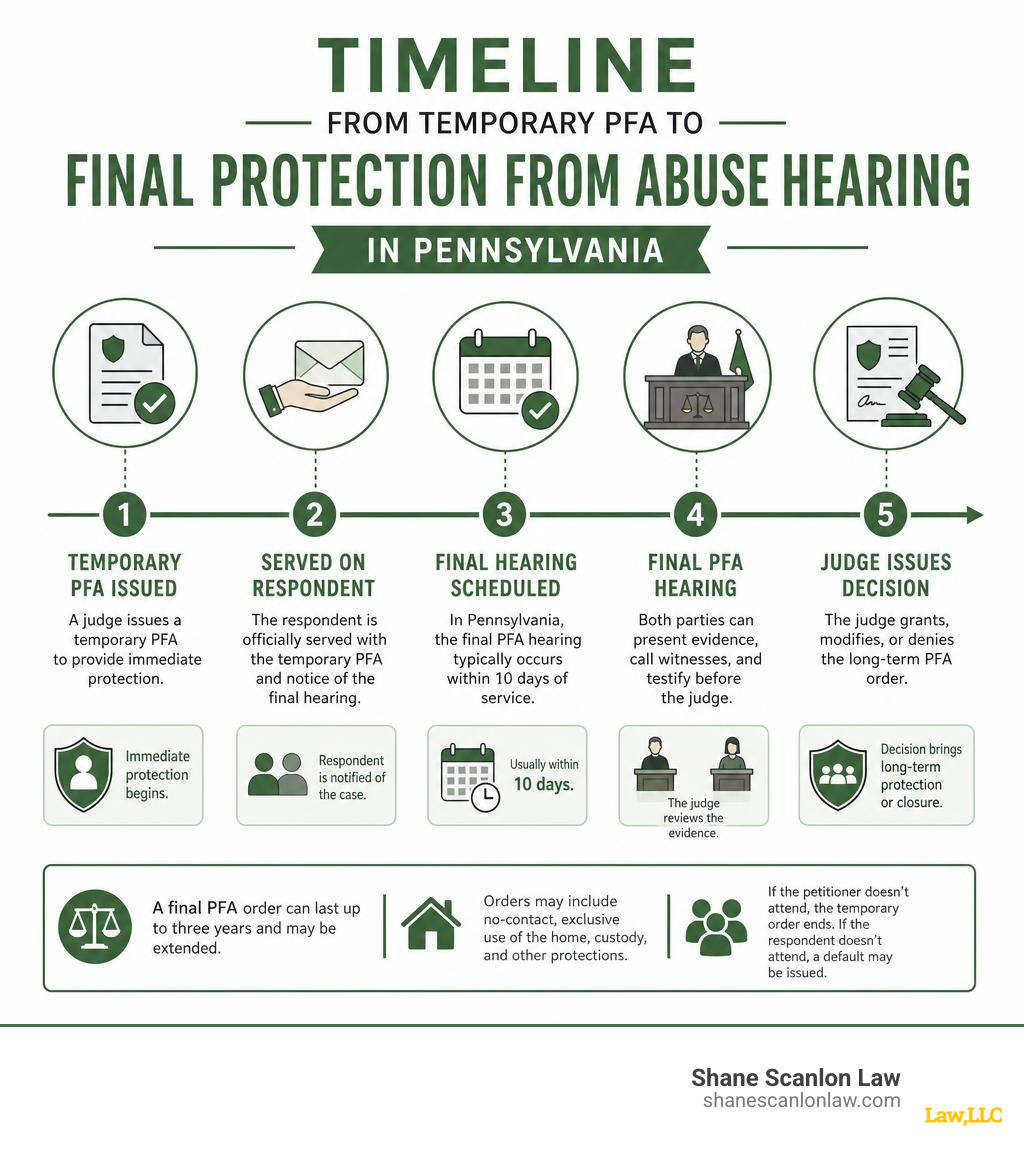Timeline from temporary PFA to final protection from abuse hearing in Pennsylvania infographic Timeline from temporary PFA to final protection from abuse hearing in Pennsylvania infographic