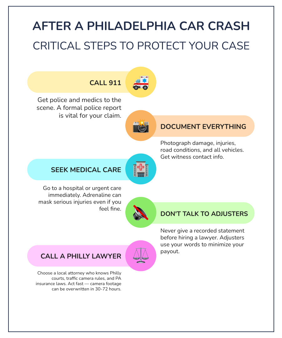 Immediate post-accident steps for Philadelphia car crash victims: call 911, document scene, seek medical care, contact a Immediate post-accident steps for Philadelphia car crash victims: call 911, document scene, seek medical care, contact a