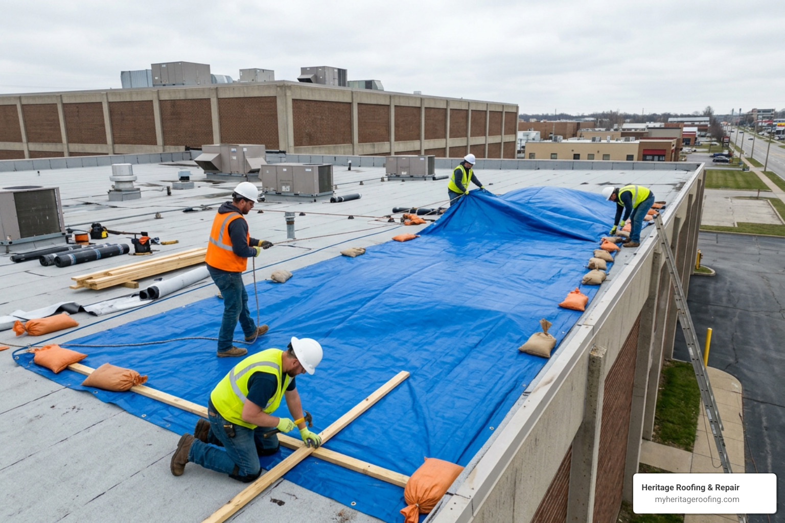 Emergency roof tarping on a commercial flat roof Emergency roof tarping on a commercial flat roof