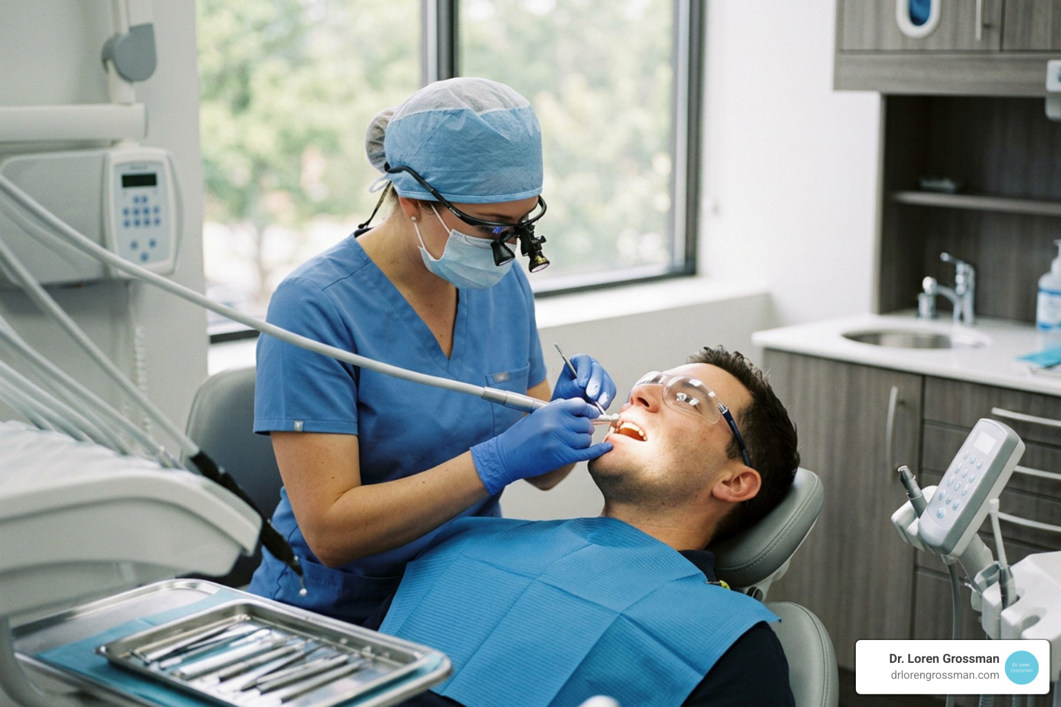 A dentist carefully preparing a patient's teeth for custom porcelain veneers