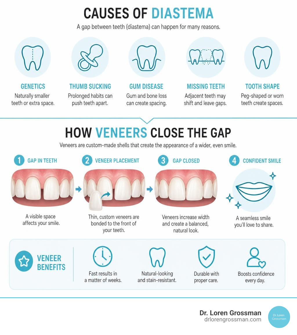 Causes of diastema and how dental veneers resolve gaps in teeth — overview infographic infographic