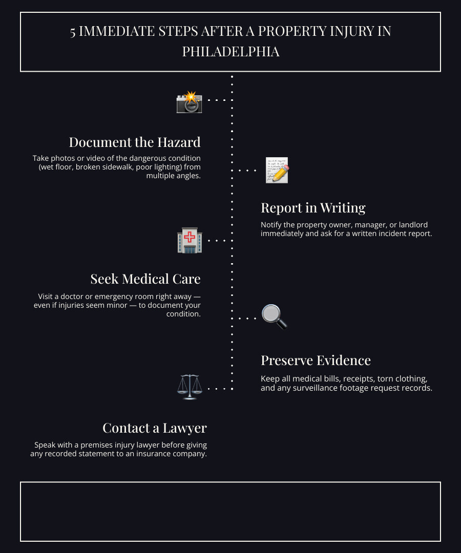Infographic: 5 immediate steps to take after a property injury in Philadelphia infographic Infographic: 5 immediate steps to take after a property injury in Philadelphia infographic