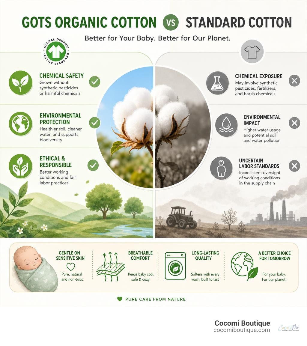 infographic comparing GOTS organic cotton vs standard cotton highlighting chemical safety and environmental benefits infographic comparing GOTS organic cotton vs standard cotton highlighting chemical safety and environmental benefits