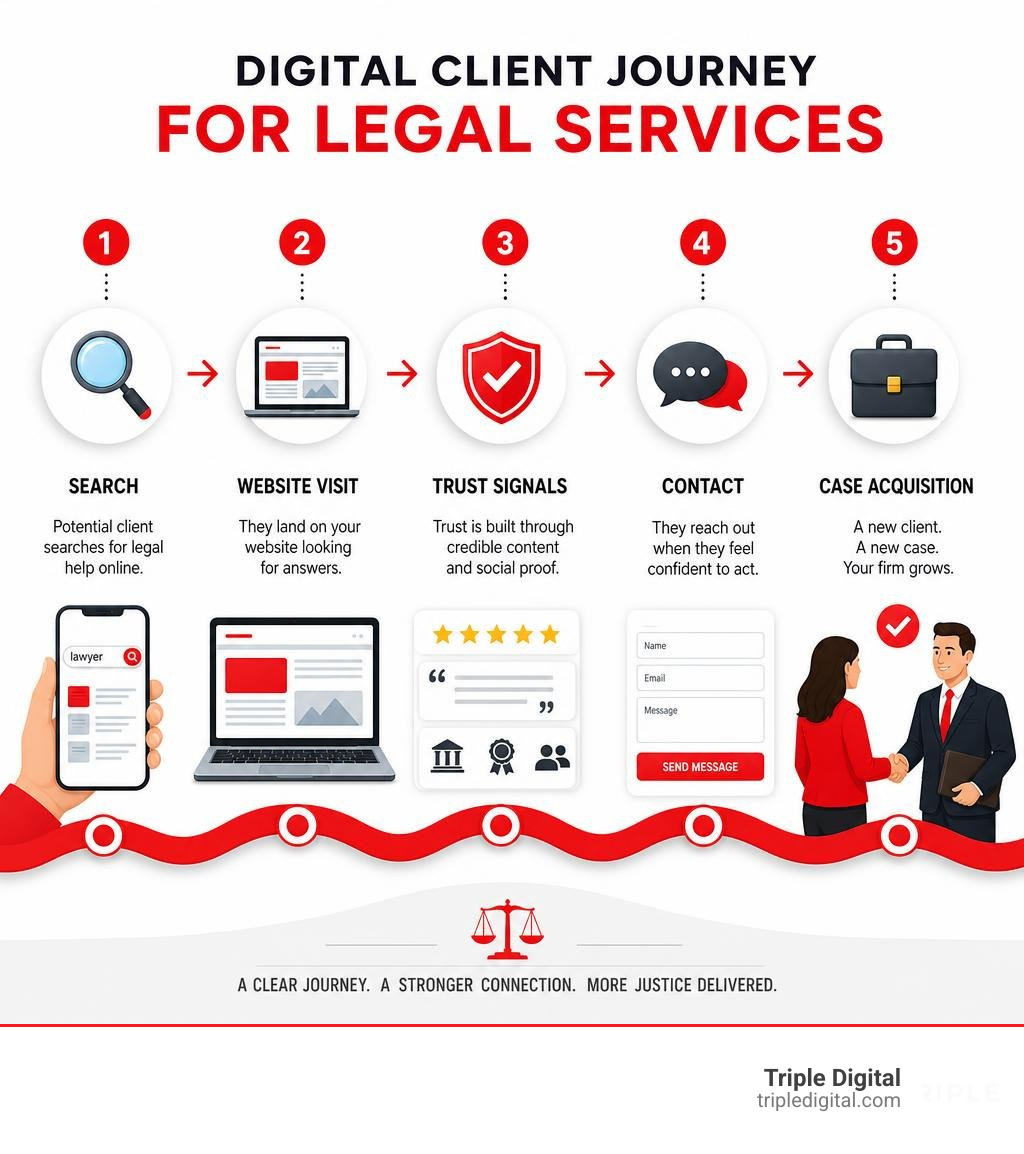Digital client journey for legal services: search, website visit, trust signals, contact, case acquisition infographic Digital client journey for legal services: search, website visit, trust signals, contact, case acquisition infographic
