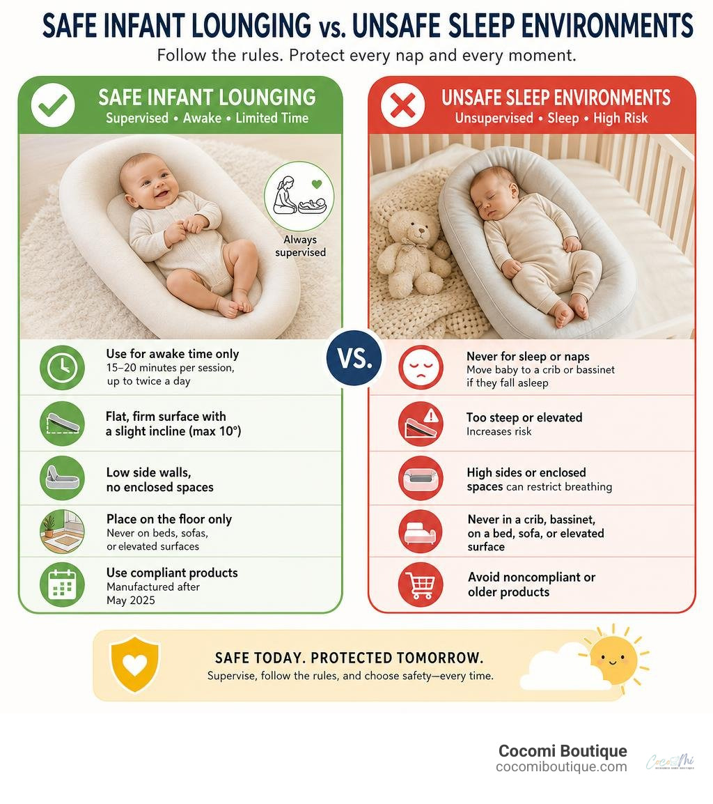 Infographic showing key differences between safe infant lounging environments and unsafe sleep environments infographic