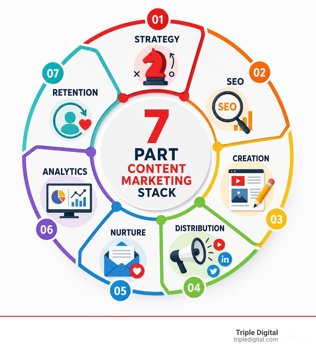 7-part content marketing stack: strategy, SEO, creation, distribution, nurture, analytics, retention infographic 7-part content marketing stack: strategy, SEO, creation, distribution, nurture, analytics, retention infographic