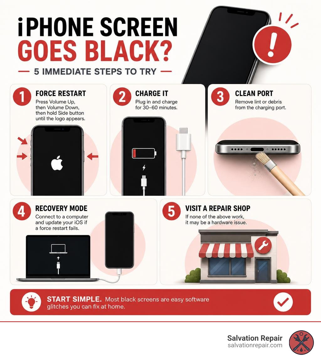 Immediate steps to take when your iPhone screen goes black: force restart, charge, clean port, recovery mode, repair Immediate steps to take when your iPhone screen goes black: force restart, charge, clean port, recovery mode, repair