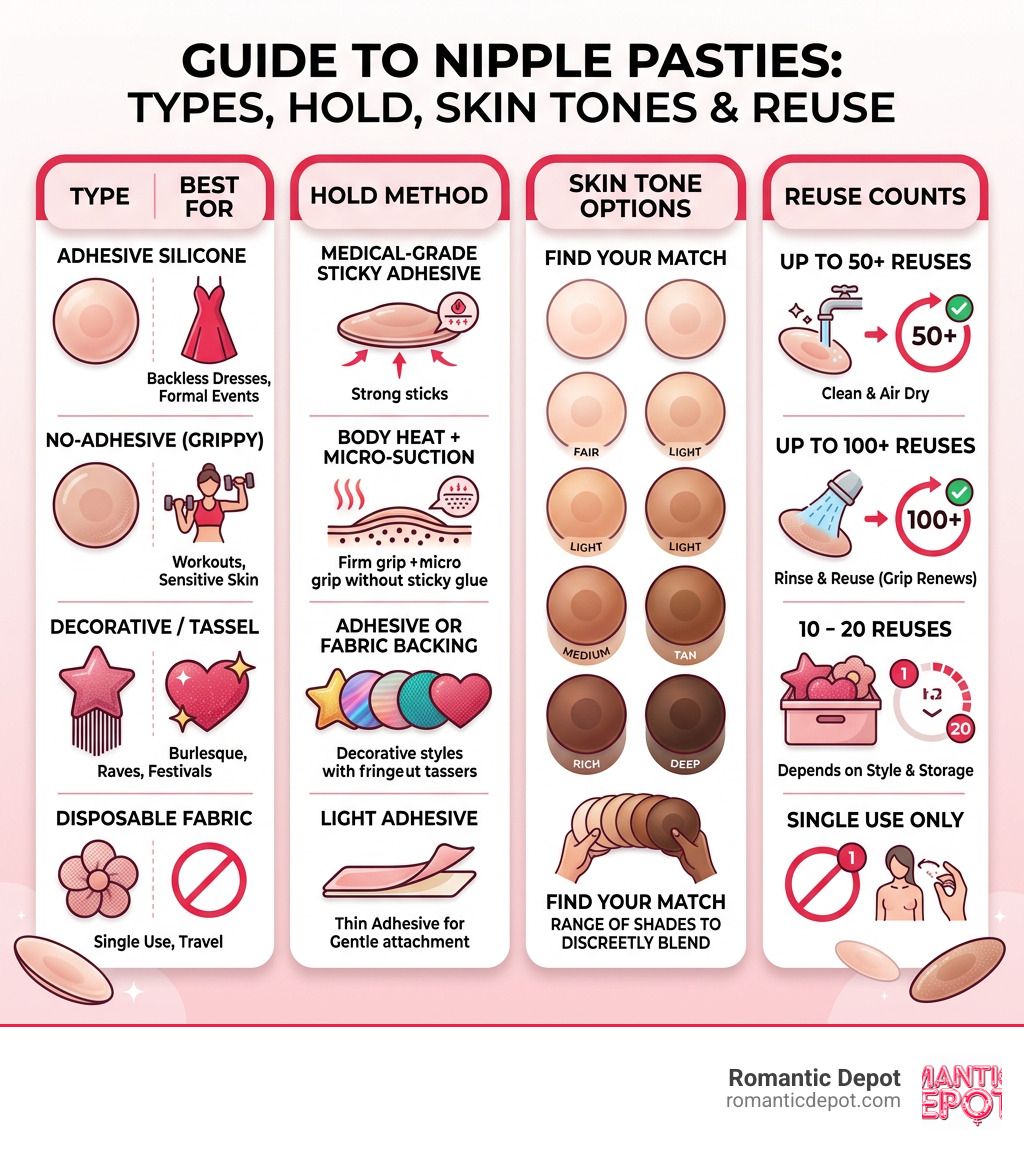 infographic showing types of nipple pasties, hold methods, skin tone options, and reuse counts infographic infographic showing types of nipple pasties, hold methods, skin tone options, and reuse counts infographic