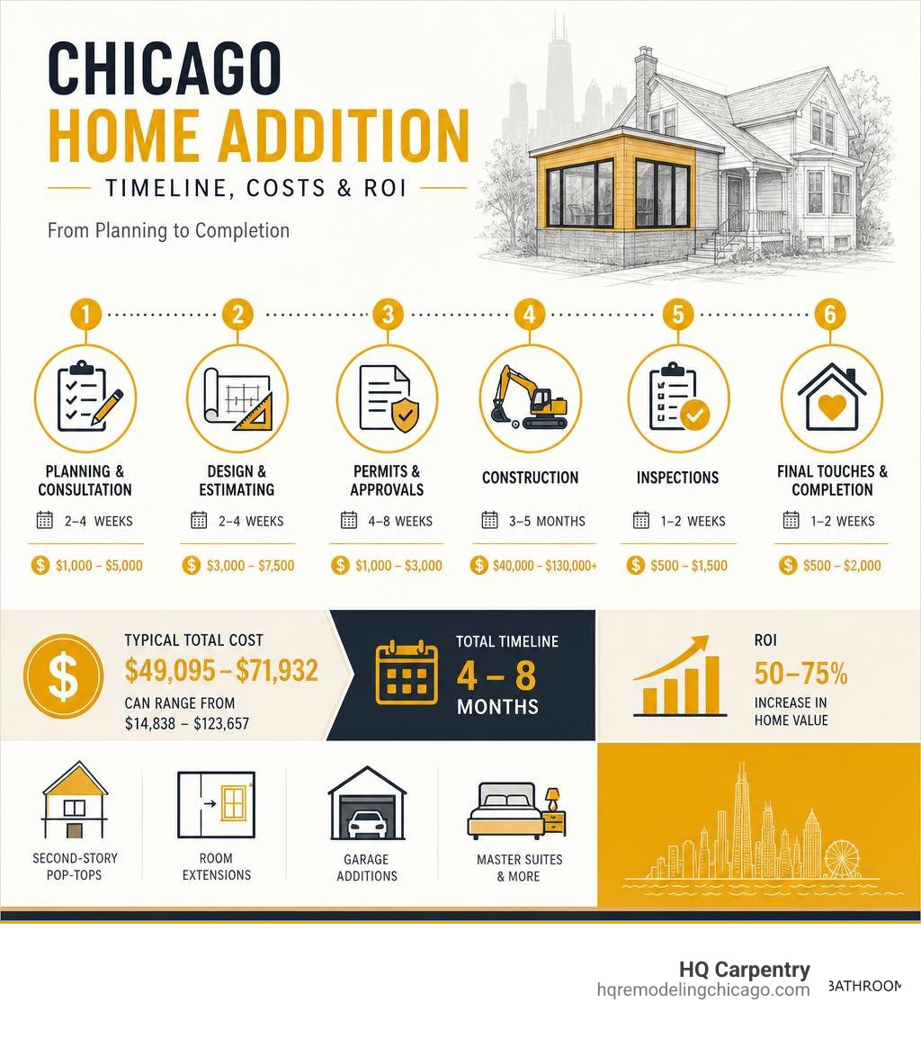 Chicago home addition timeline infographic showing phases from planning to completion with costs and ROI infographic