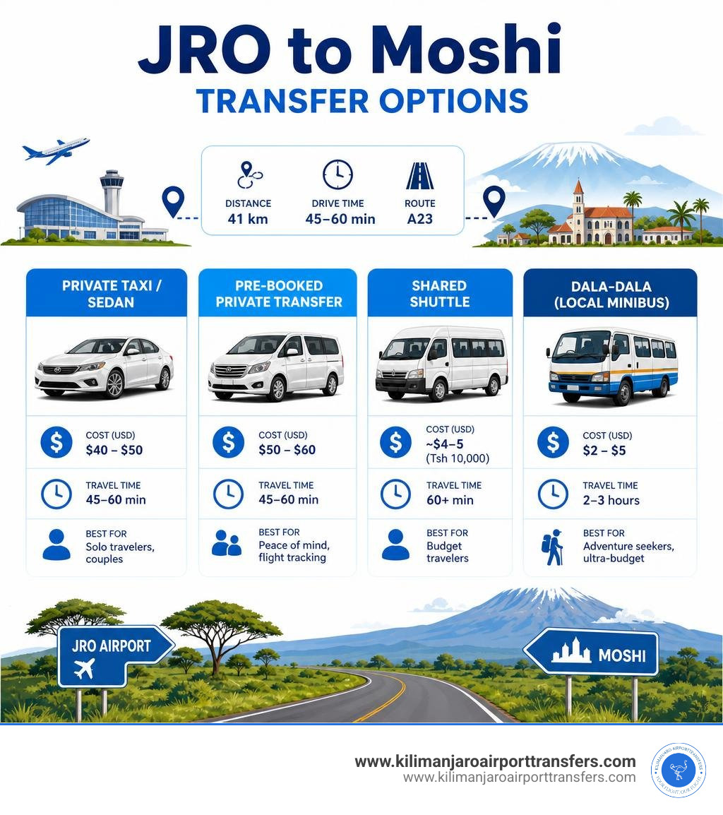 JRO to Moshi transfer options infographic: distance, cost, travel time, and vehicle types infographic JRO to Moshi transfer options infographic: distance, cost, travel time, and vehicle types infographic