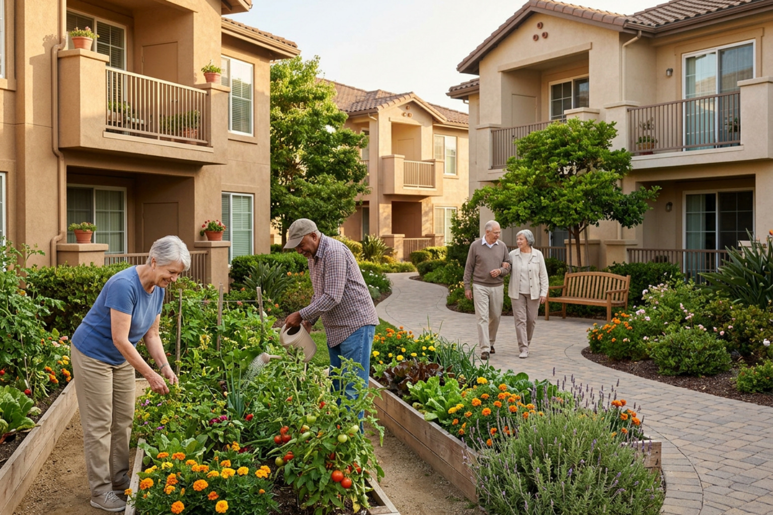 beautiful California senior apartments with walkable green spaces and a community garden