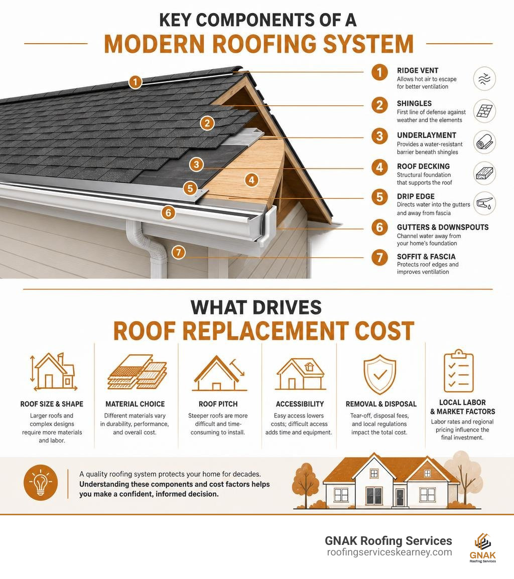Key components of a modern roofing system and what drives replacement cost infographic Key components of a modern roofing system and what drives replacement cost infographic