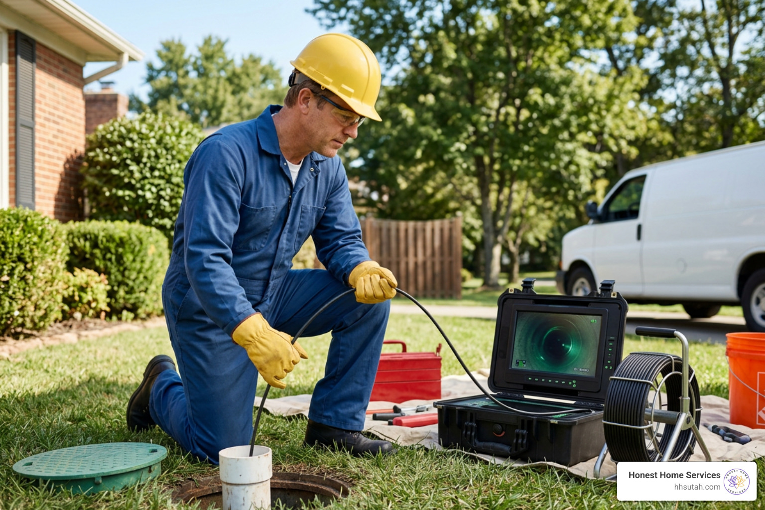 Plumber performing a sewer diagnostic Plumber performing a sewer diagnostic