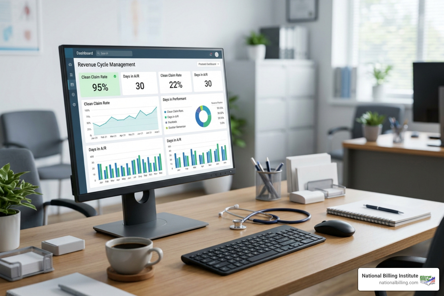 RCM dashboard showing key performance indicators like clean claim rate and days in A/R RCM dashboard showing key performance indicators like clean claim rate and days in A/R