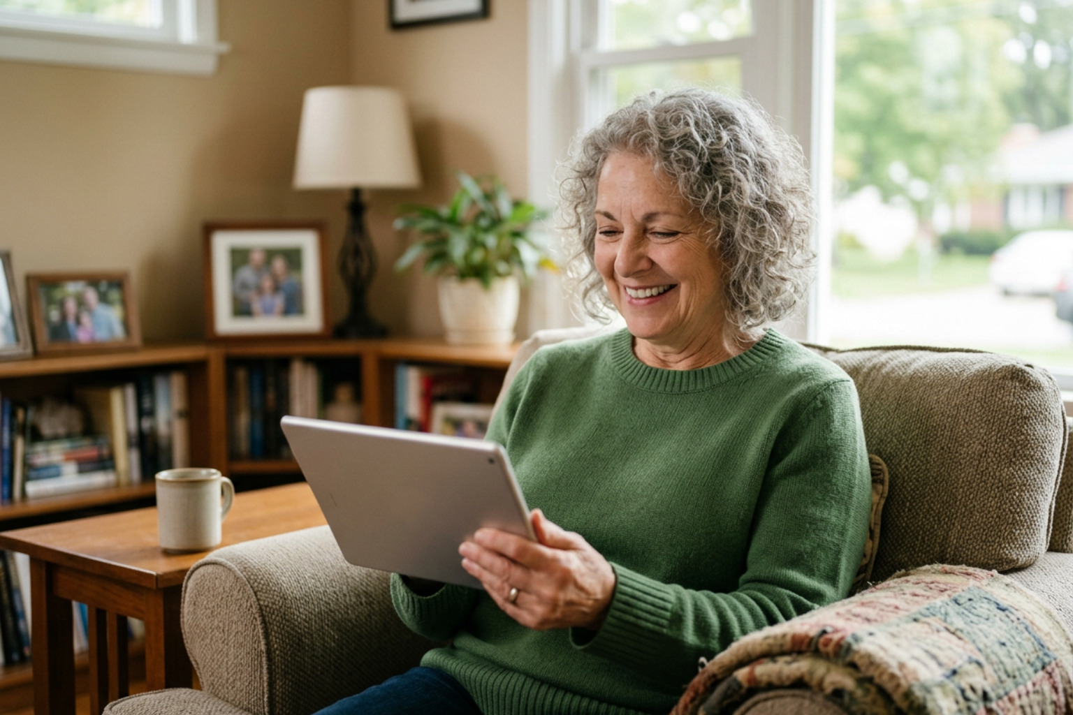 A senior woman happily using a tablet in her living room to search for local housing