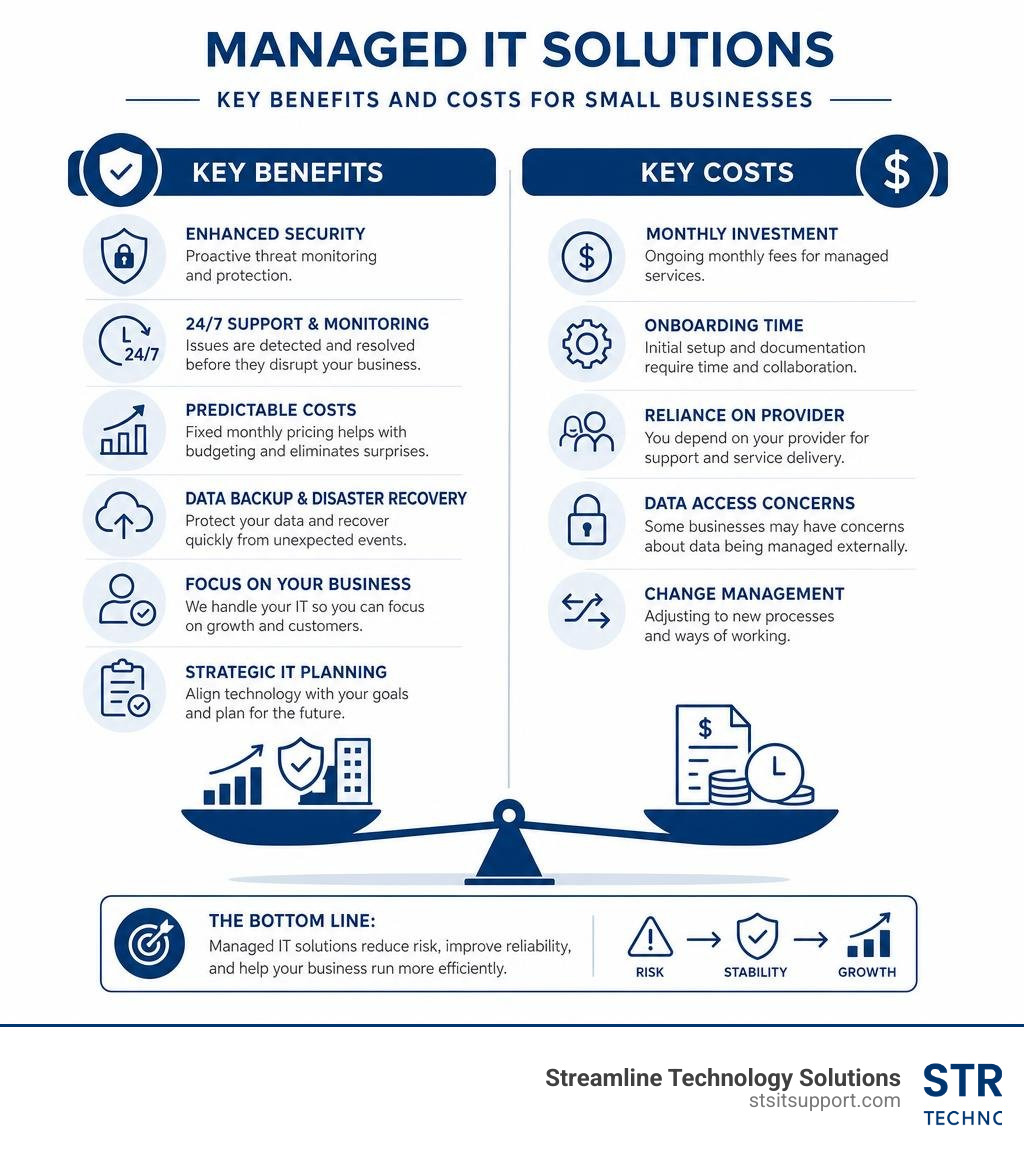 Key benefits and costs of managed IT solutions for small businesses infographic Key benefits and costs of managed IT solutions for small businesses infographic