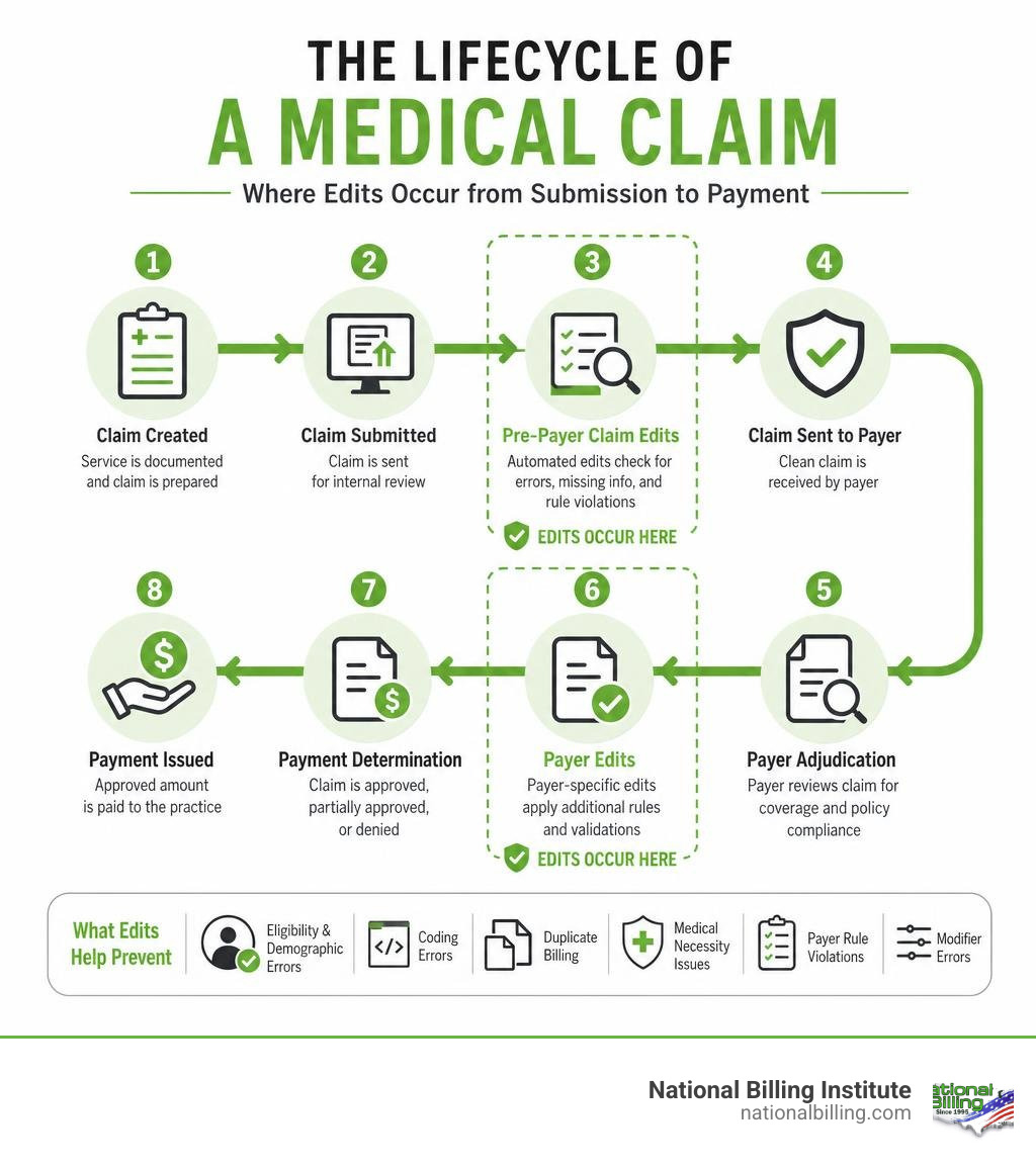 Lifecycle of a medical claim showing where edits occur from submission to payment infographic Lifecycle of a medical claim showing where edits occur from submission to payment infographic