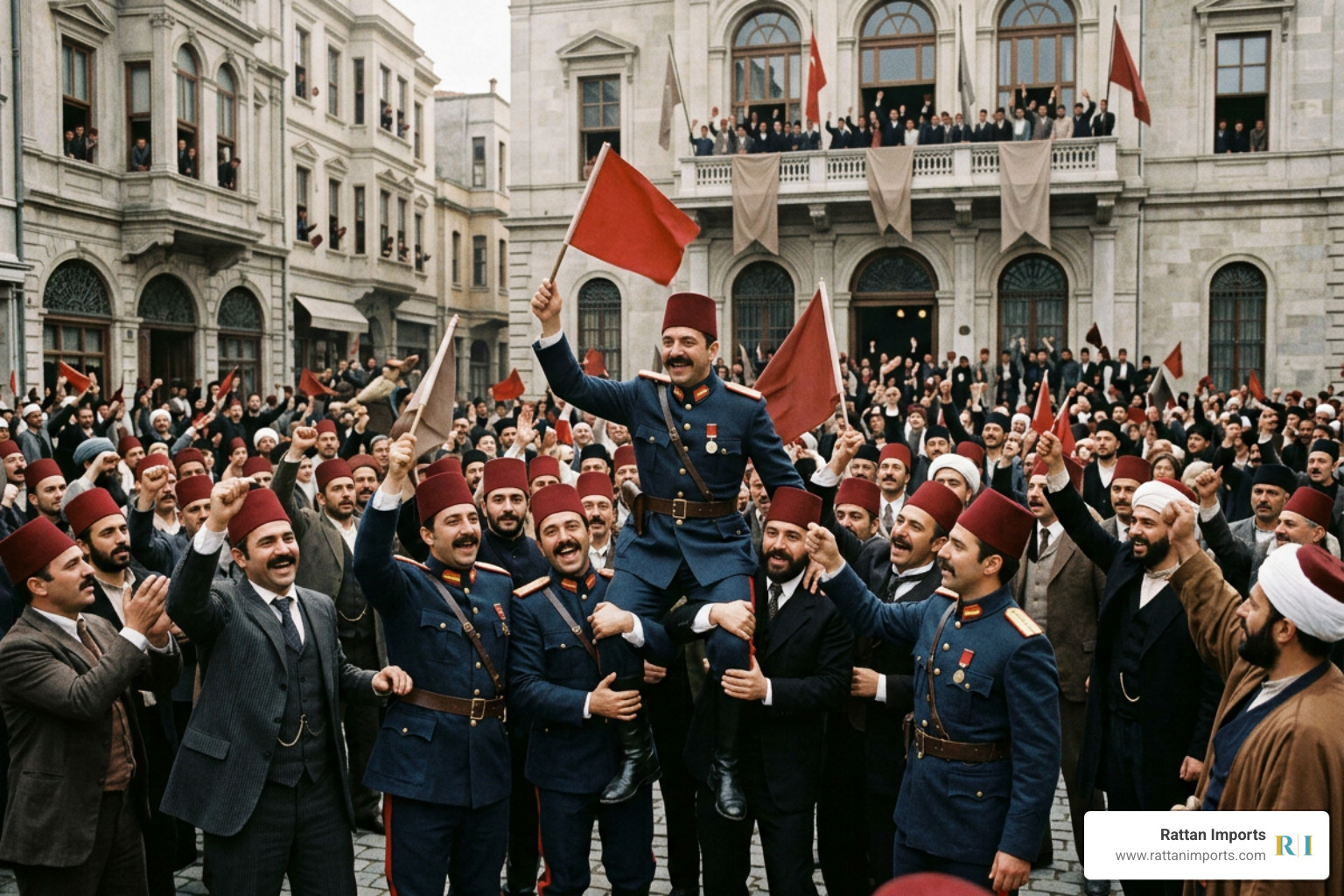 Young Turk leaders celebrating the restoration of the constitution in 1908