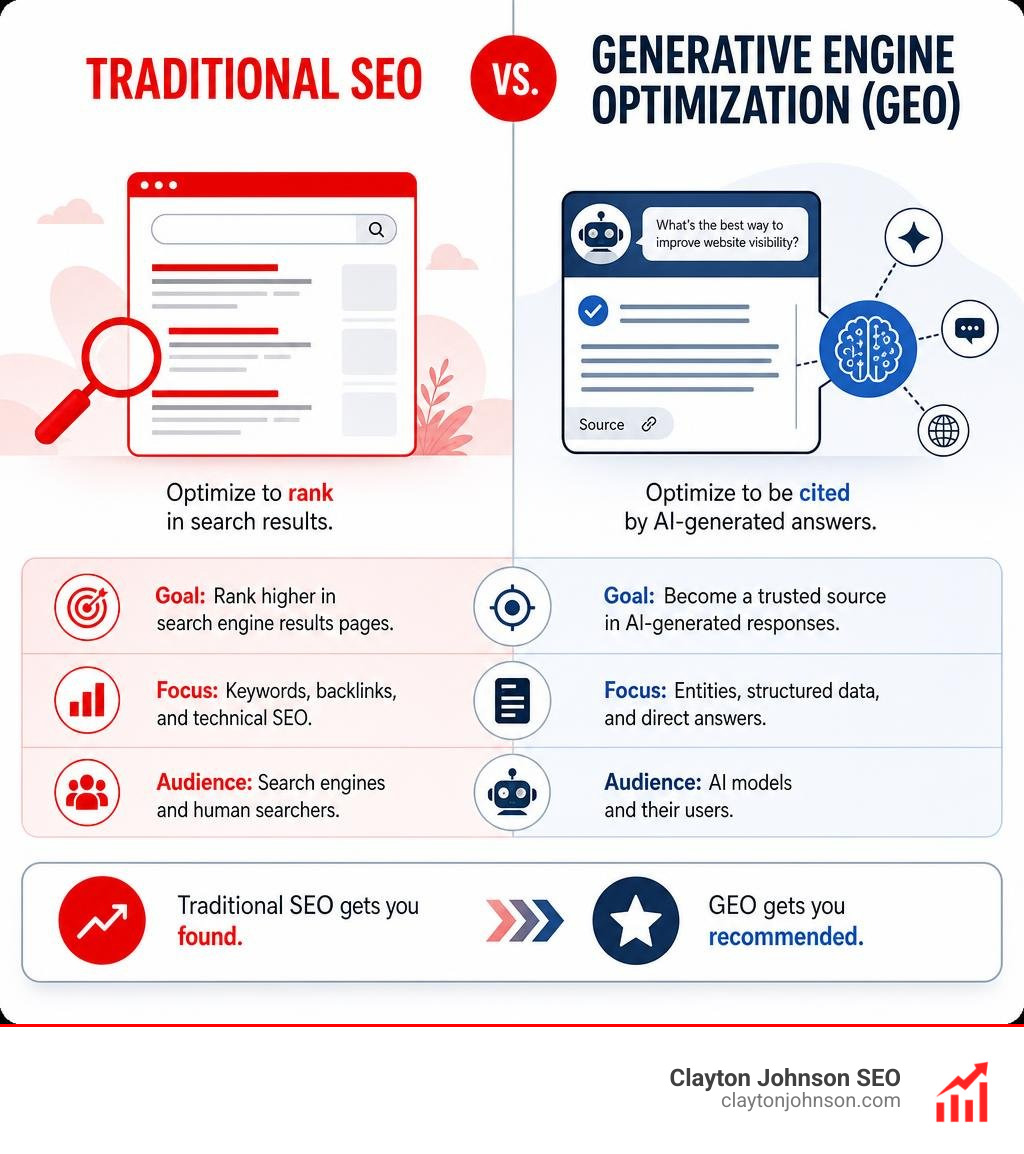 Traditional SEO vs. Generative Engine Optimization (GEO) infographic Traditional SEO vs. Generative Engine Optimization (GEO) infographic