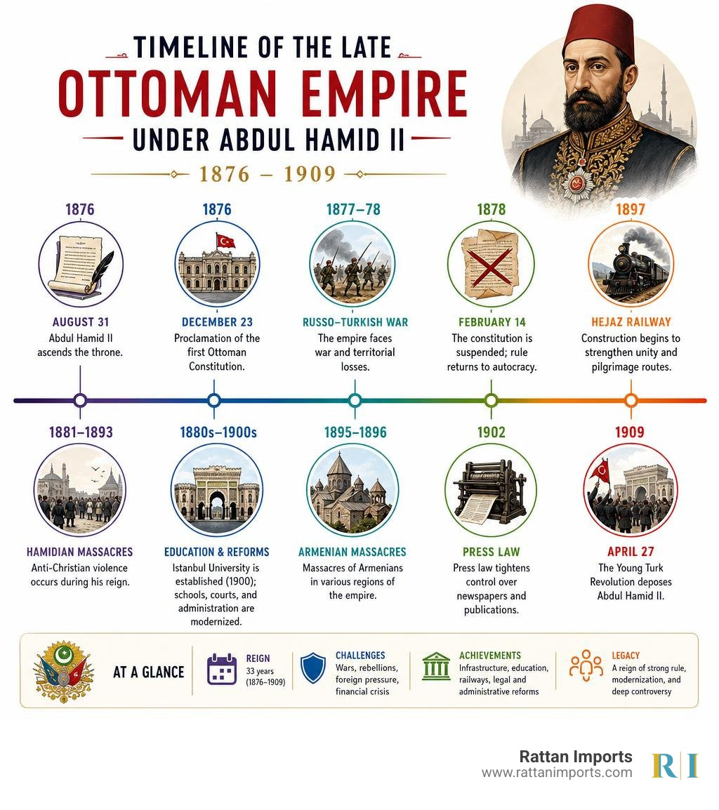 Timeline of the late Ottoman Empire under Abdul Hamid II, 1876 to 1909 infographic