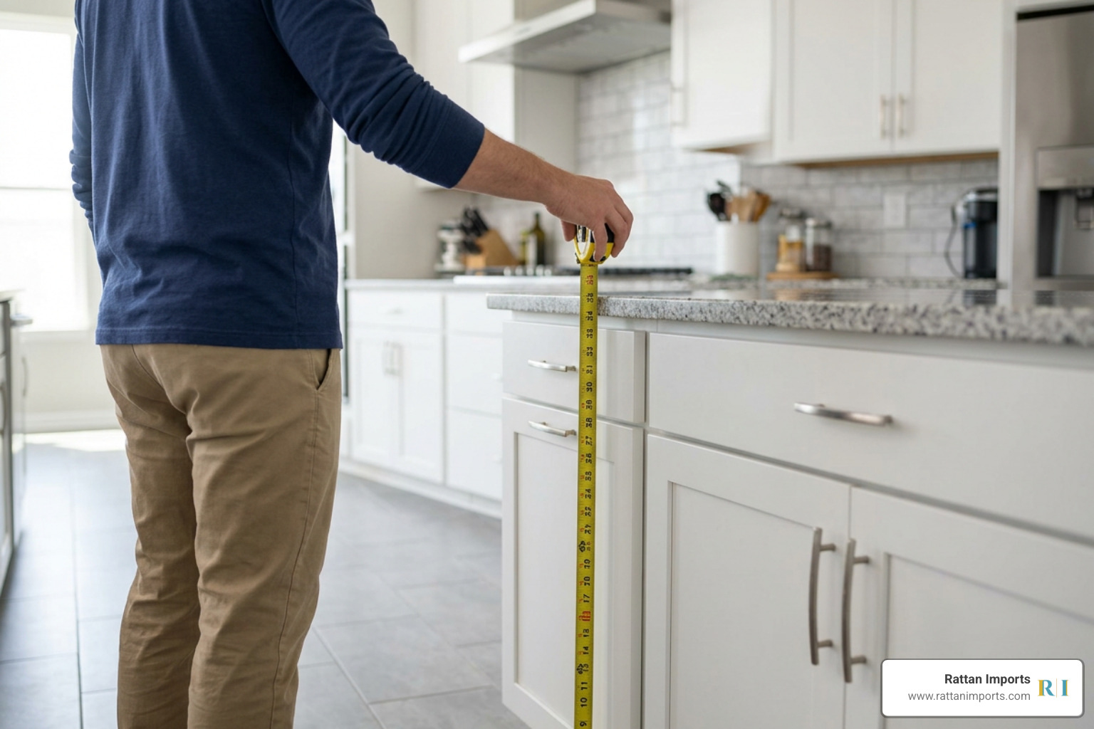 Measuring the height of a kitchen counter with a tape measure Measuring the height of a kitchen counter with a tape measure