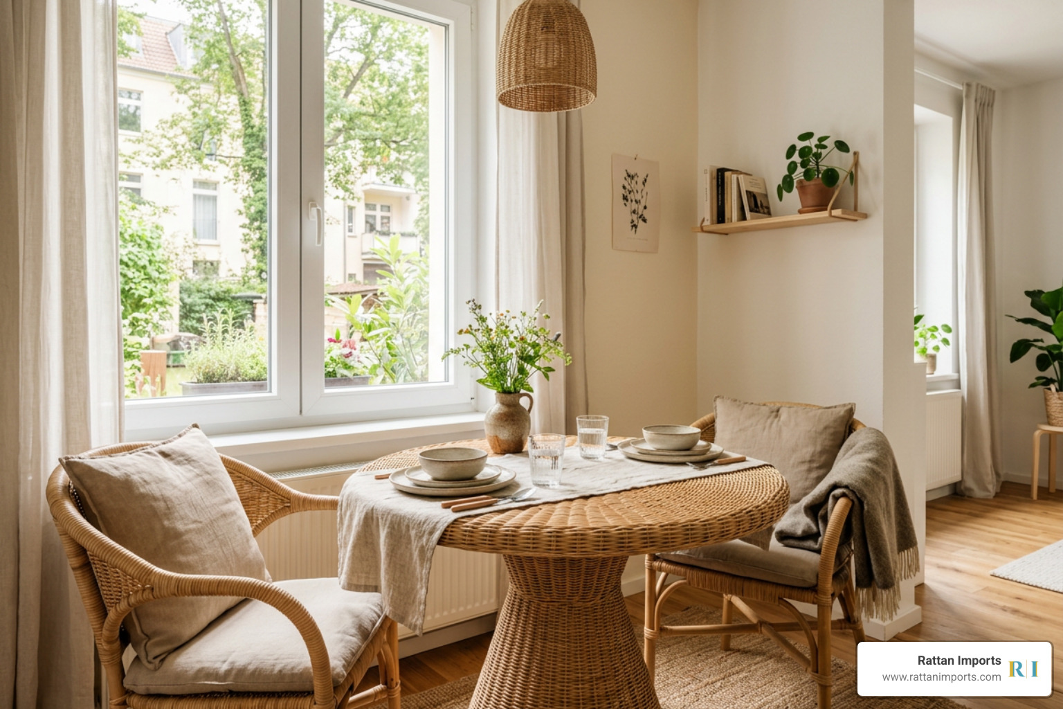A beautifully styled round pedestal rattan dining table in a compact apartment nook A beautifully styled round pedestal rattan dining table in a compact apartment nook