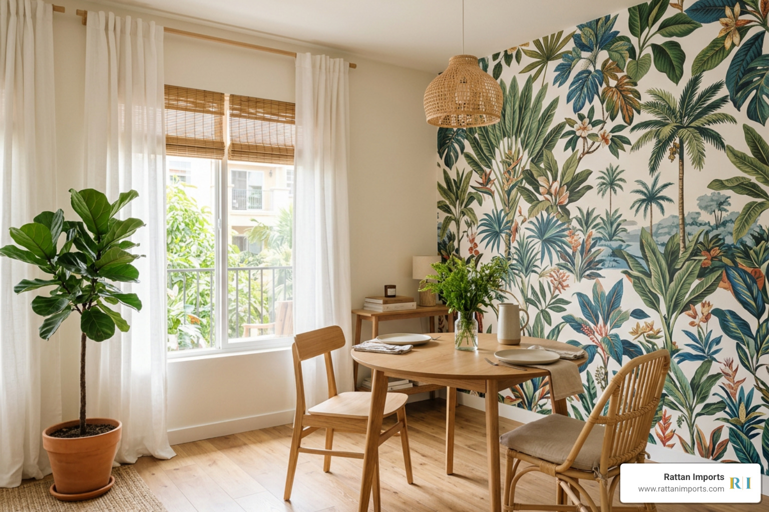 A styled rental dining room featuring bamboo shades and temporary wallpaper A styled rental dining room featuring bamboo shades and temporary wallpaper