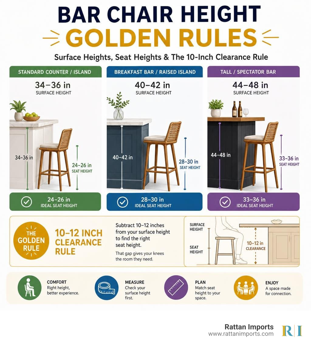 Bar chair height golden rules infographic: surface heights, seat heights, and the 10-inch clearance rule infographic Bar chair height golden rules infographic: surface heights, seat heights, and the 10-inch clearance rule infographic