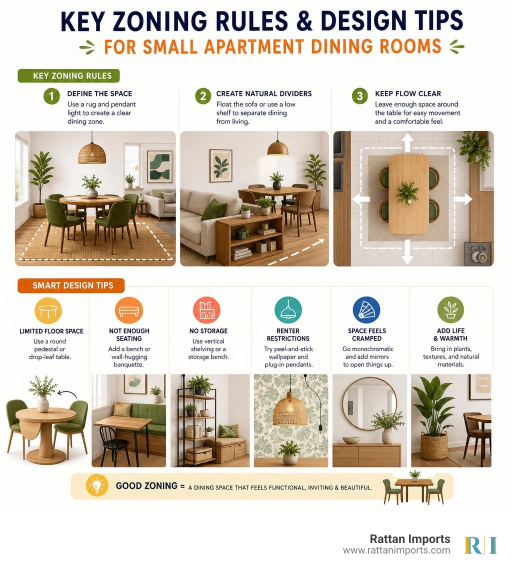 Key zoning rules and design tips for small apartment dining rooms infographic Key zoning rules and design tips for small apartment dining rooms infographic