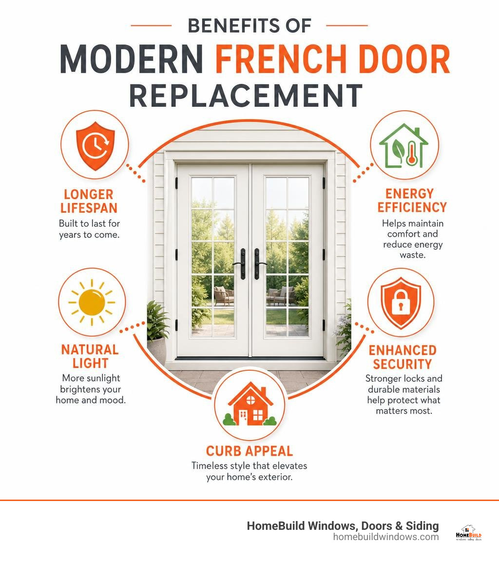 Benefits of modern French door replacement: lifespan, energy efficiency, natural light, security, curb appeal infographic