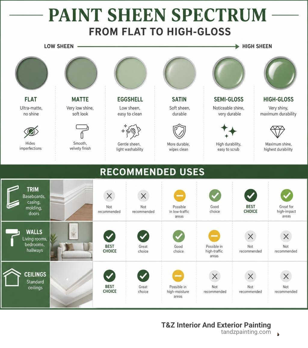 Paint sheen spectrum from flat to high-gloss with recommended uses for trim, walls, and ceilings infographic Paint sheen spectrum from flat to high-gloss with recommended uses for trim, walls, and ceilings infographic