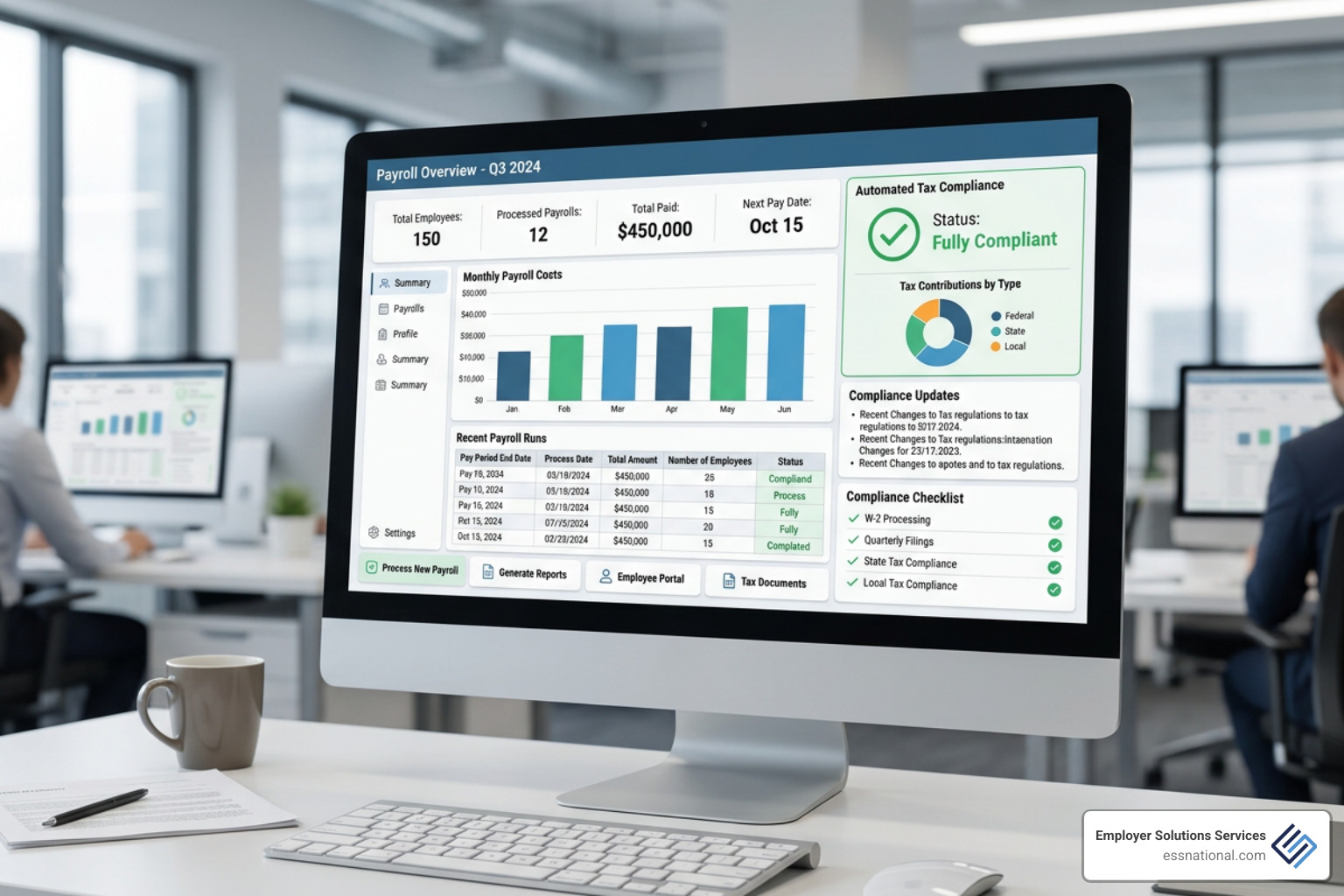 digital payroll processing dashboard showing automated tax compliance
