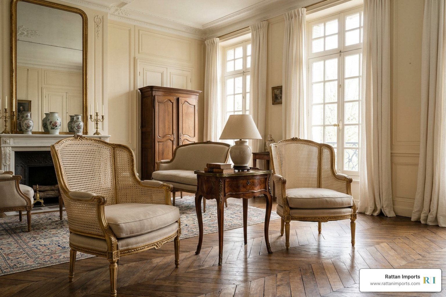 Antique French salon featuring classic caned bergere armchairs Antique French salon featuring classic caned bergere armchairs