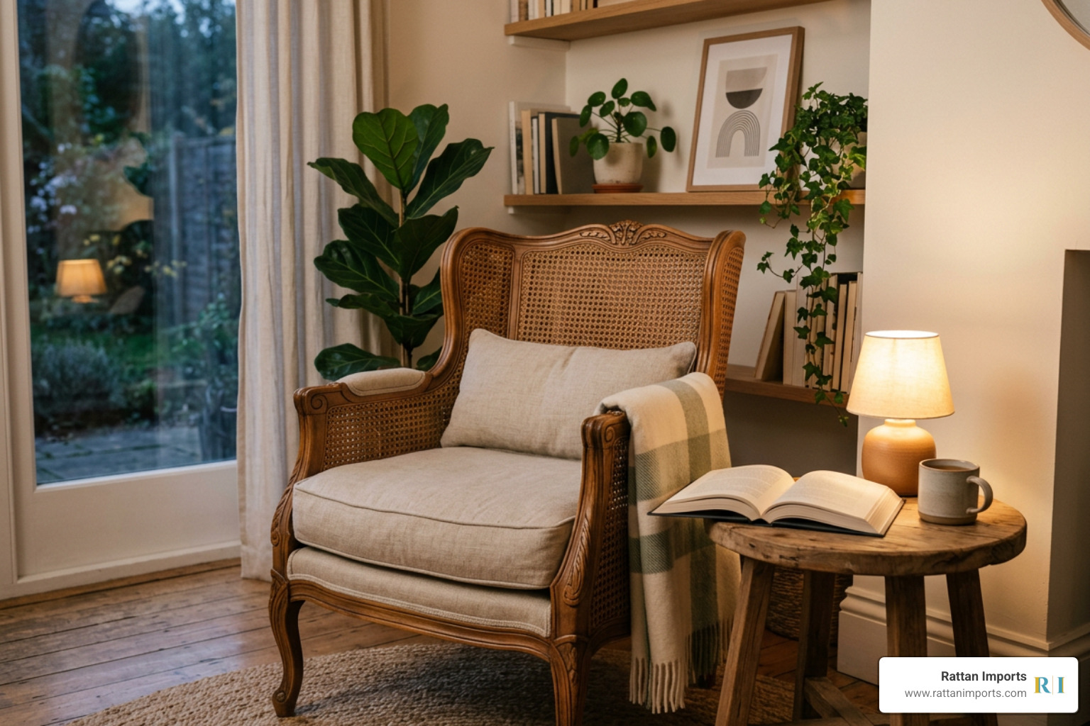 A beautifully restored vintage cane bergere chair styled in a modern reading nook A beautifully restored vintage cane bergere chair styled in a modern reading nook