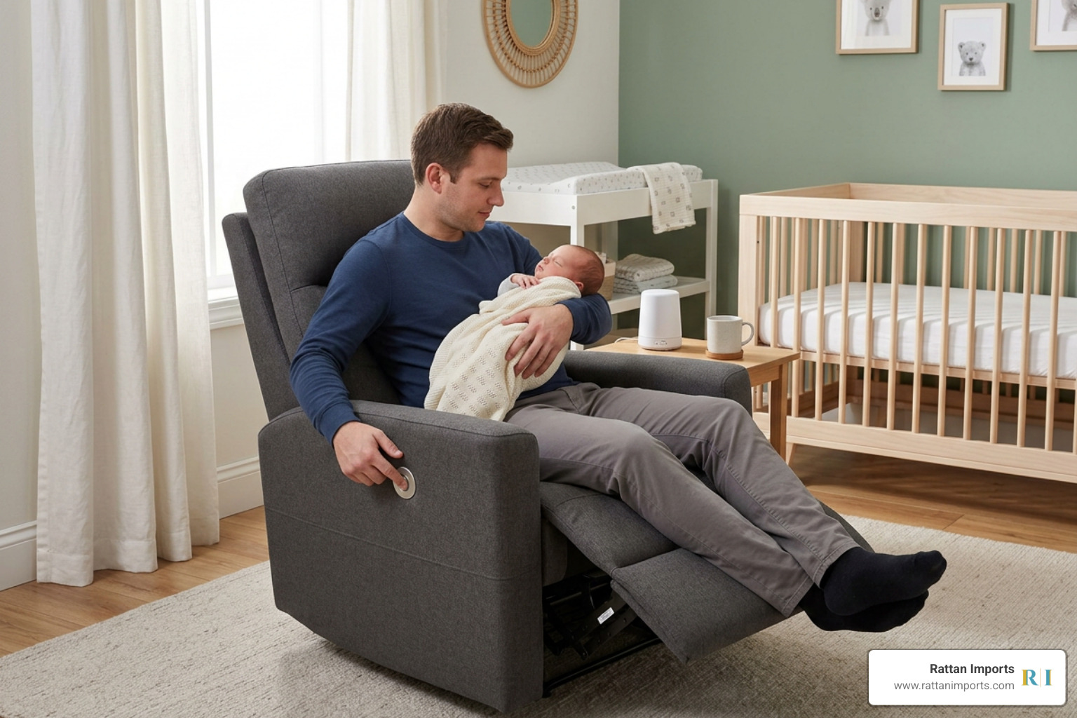 Parent using a quiet power recliner in a modern nursery