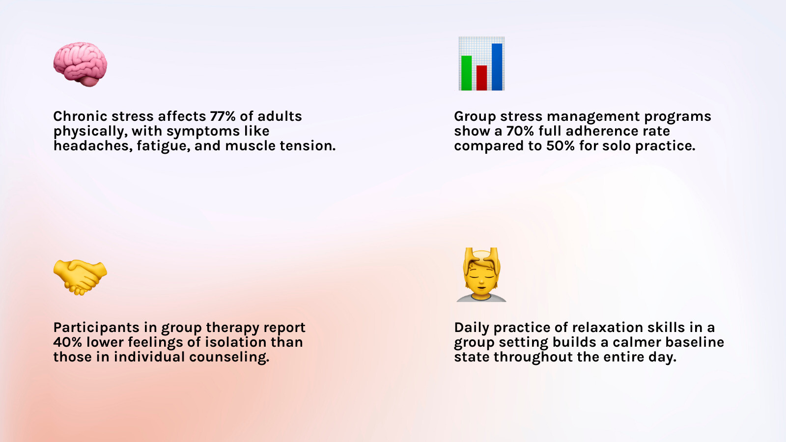 Benefits of stress management group therapy: reduced isolation, coping skills, accountability, peer support infographic Benefits of stress management group therapy: reduced isolation, coping skills, accountability, peer support infographic