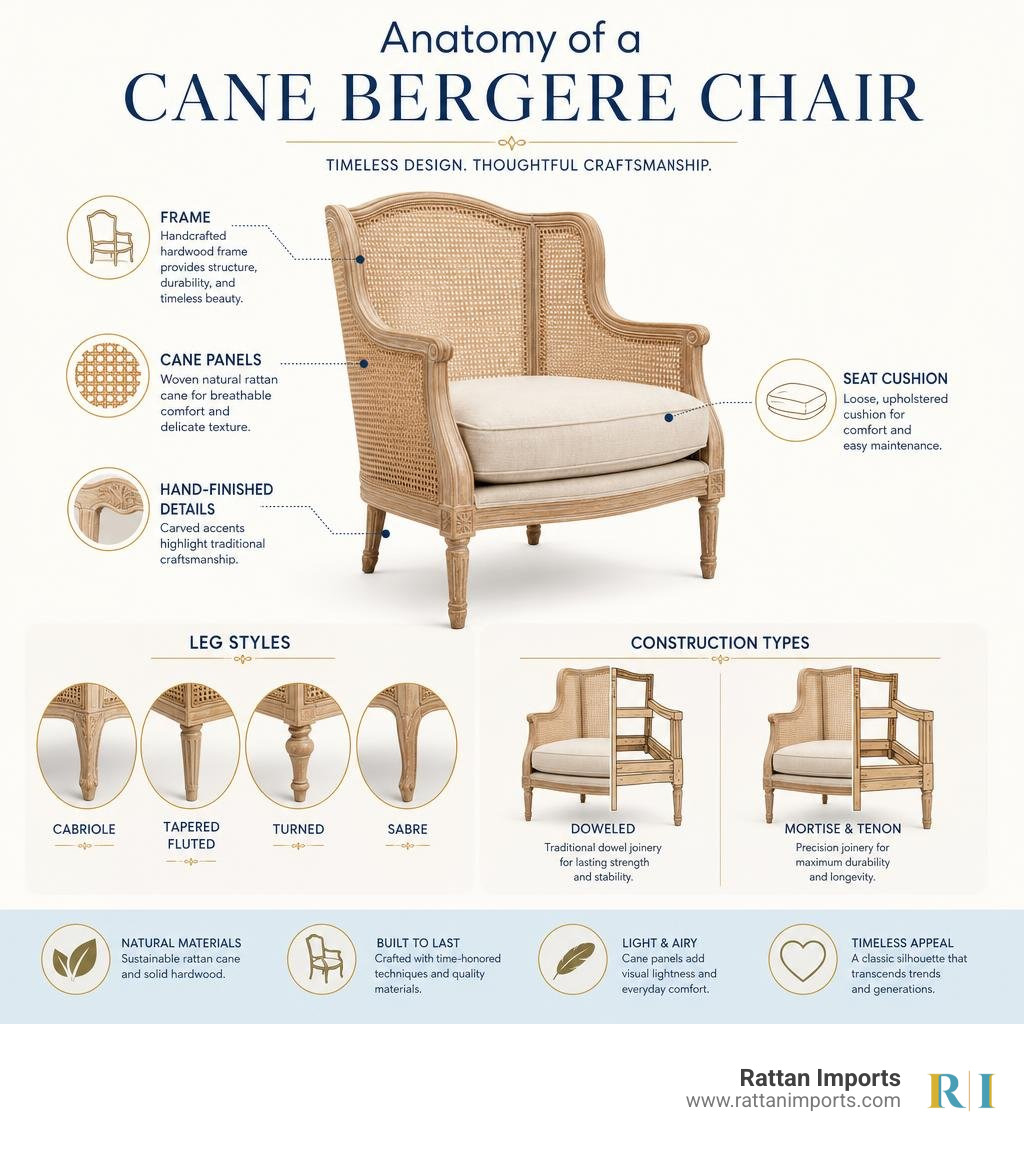 Anatomy of a cane bergere chair: frame, cane panels, seat cushion, leg styles, and construction types infographic Anatomy of a cane bergere chair: frame, cane panels, seat cushion, leg styles, and construction types infographic