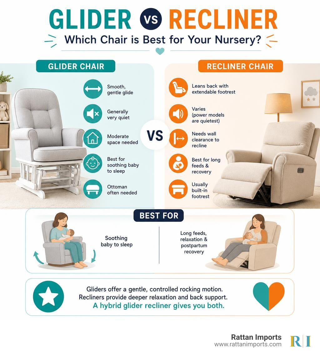 Infographic comparing glider vs recliner chair benefits for nursery use infographic