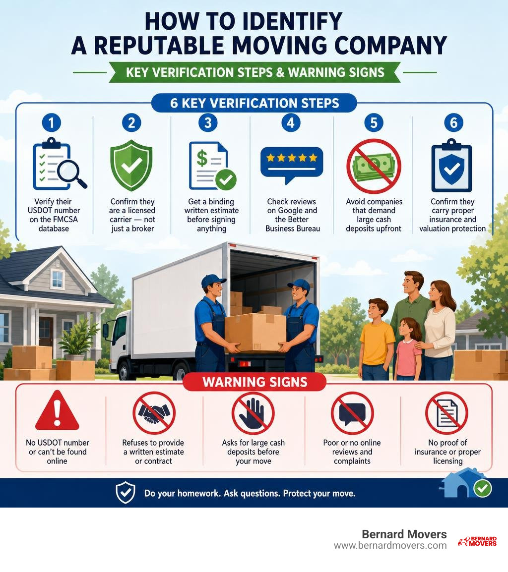 How to identify a reputable moving company: key verification steps and warning signs infographic