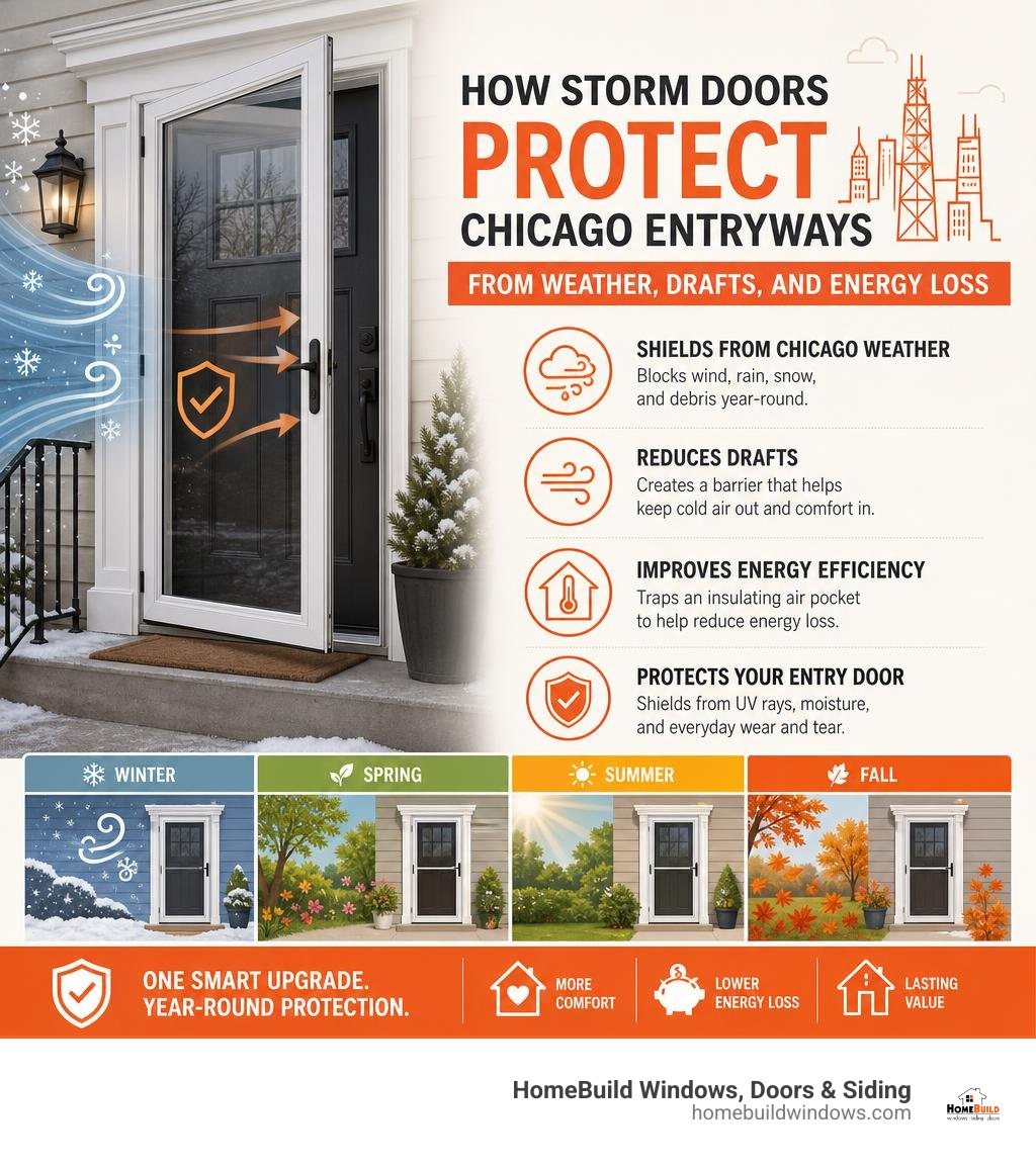 How storm doors protect Chicago entryways from weather, drafts, and energy loss infographic