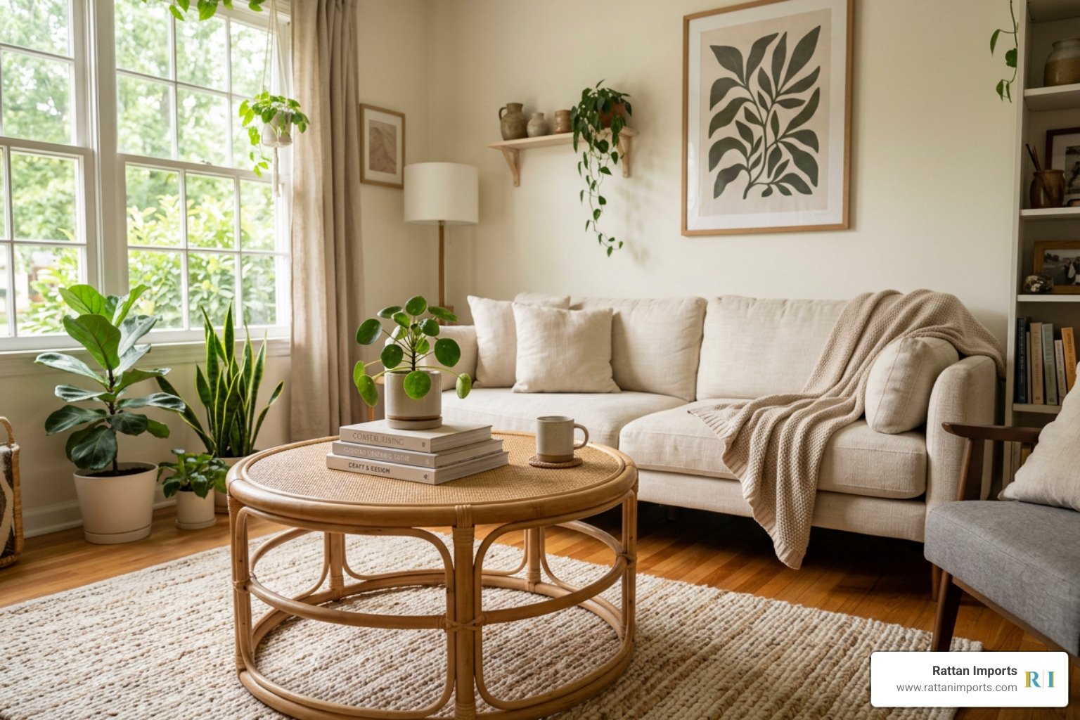 A round rattan coffee table adding organic warmth and natural texture to a cozy living room A round rattan coffee table adding organic warmth and natural texture to a cozy living room