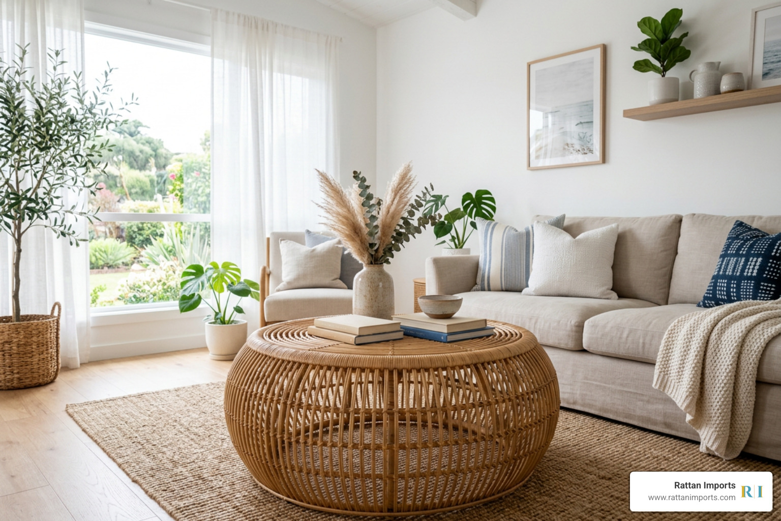 A beautifully handwoven round rattan coffee table with a smooth, flowing silhouette A beautifully handwoven round rattan coffee table with a smooth, flowing silhouette