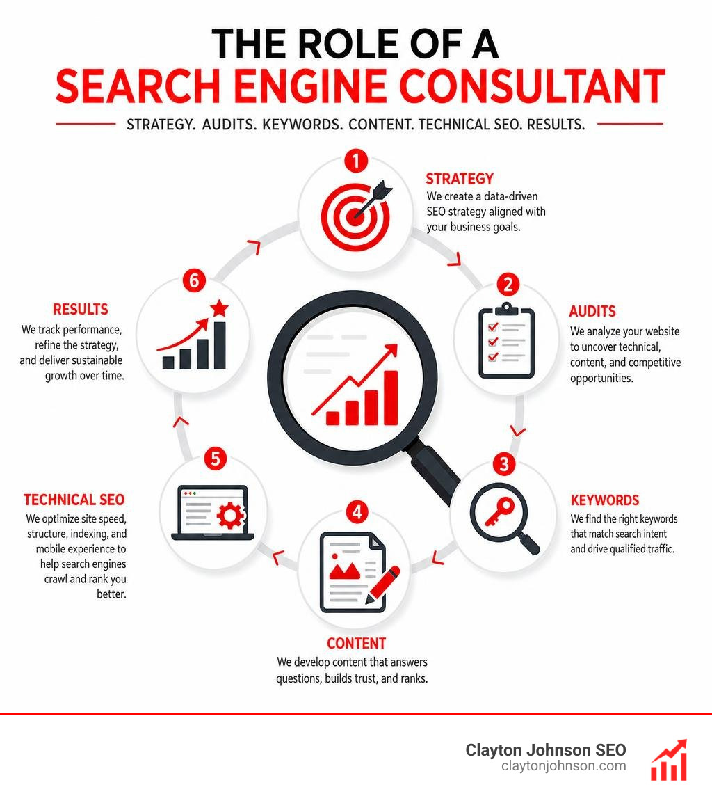 Role of a search engine consultant: strategy, audits, keywords, content, technical SEO, and results infographic Role of a search engine consultant: strategy, audits, keywords, content, technical SEO, and results infographic