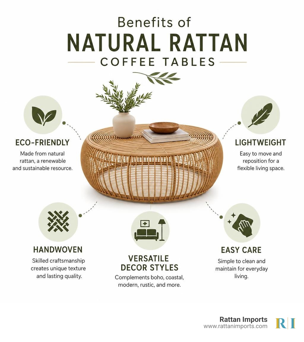 Benefits of natural rattan coffee tables: eco-friendly, lightweight, handwoven, versatile decor styles, easy care infographic Benefits of natural rattan coffee tables: eco-friendly, lightweight, handwoven, versatile decor styles, easy care infographic
