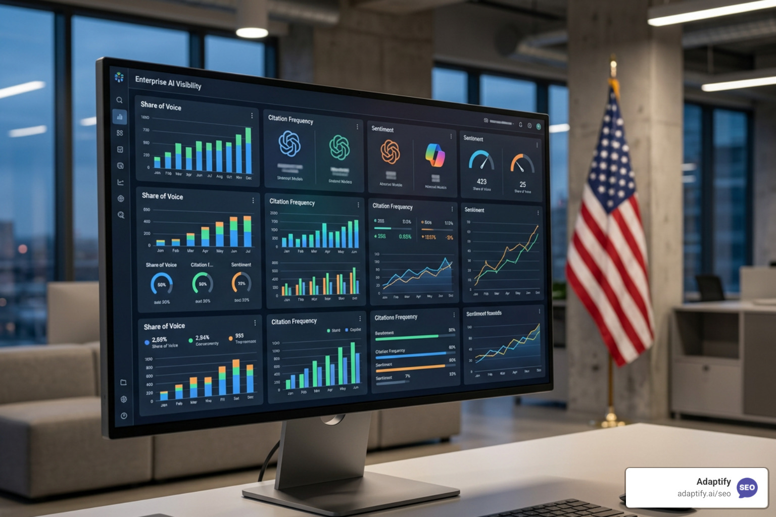 Enterprise AI visibility dashboard showing multi-engine tracking metrics